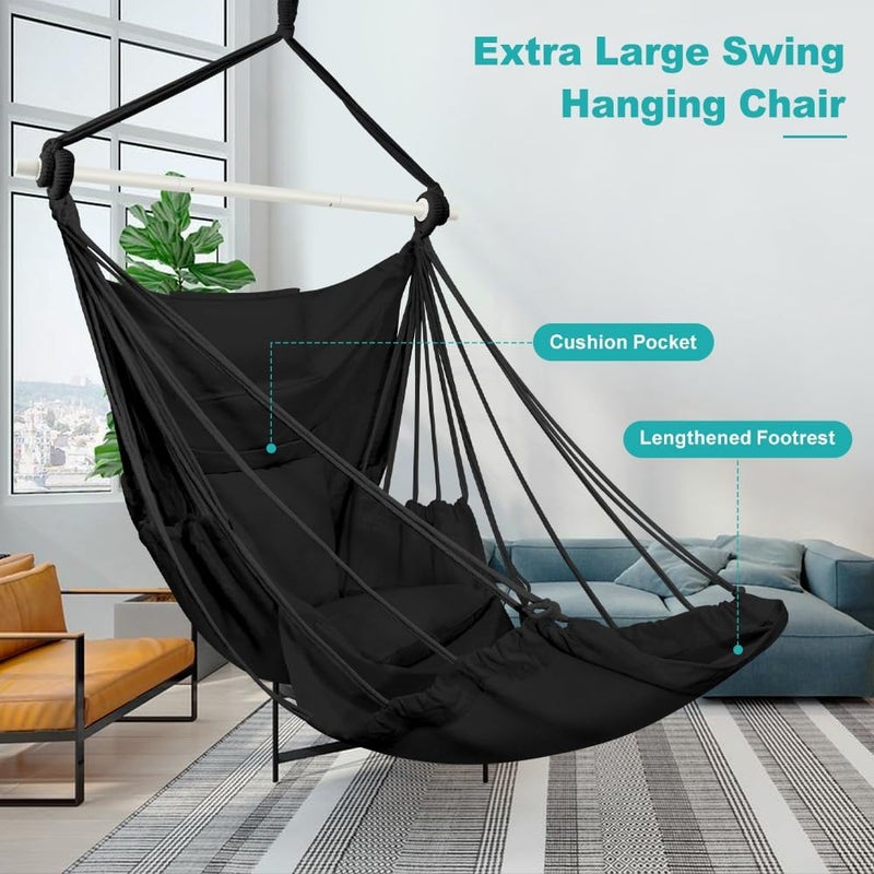 Outerman Hammock Chair, Hanging Chair with 3 Cushions and Foot Rest Support, Sturdy Metal Spreader Bar Max 500Lbs, Swing Chair for Bedroom, Indoor & Outdoor, Patio, Porch or Tree（Black）… - Image 2